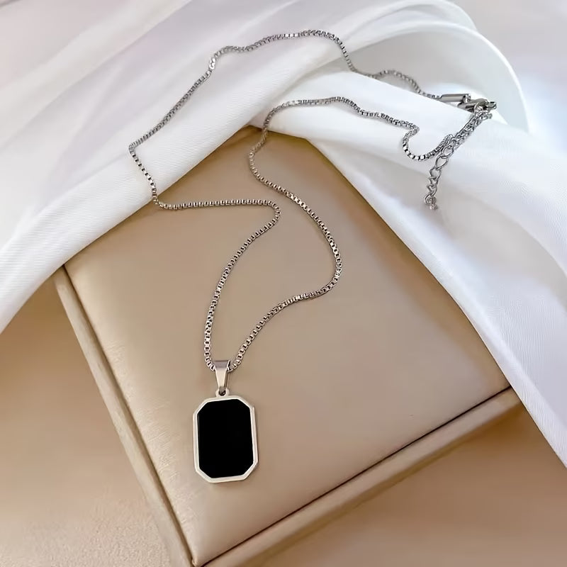 Elegant 18k Plated Stainless Steel Rectangular Black Pendant Necklace for Women's Daily and Vacation Accessories, Valentine's Day Gift