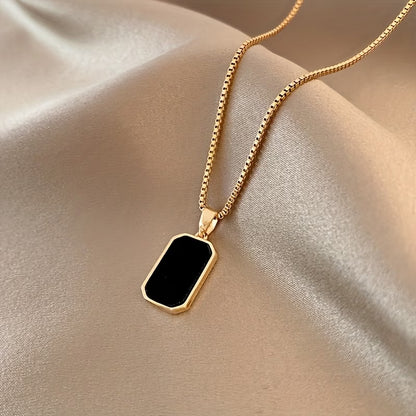 Elegant 18k Plated Stainless Steel Rectangular Black Pendant Necklace for Women's Daily and Vacation Accessories, Valentine's Day Gift