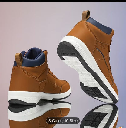 Brown high-top sneakers with blue accents on a gray background