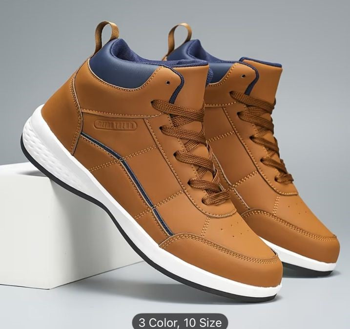 Brown high-top sneakers with blue accents on a gray background