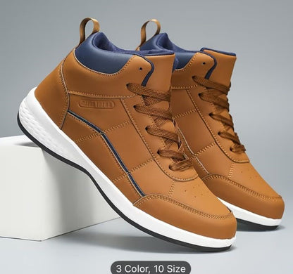 Brown high-top sneakers with blue accents on a gray background
